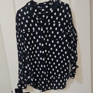 Madewell Navy and White Polka Dot Button Down Shirt, Size L